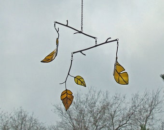 Elm Leaf Mobile, Unique Wedding Gift  from Reclaimed Amber Beer Bottle Glass