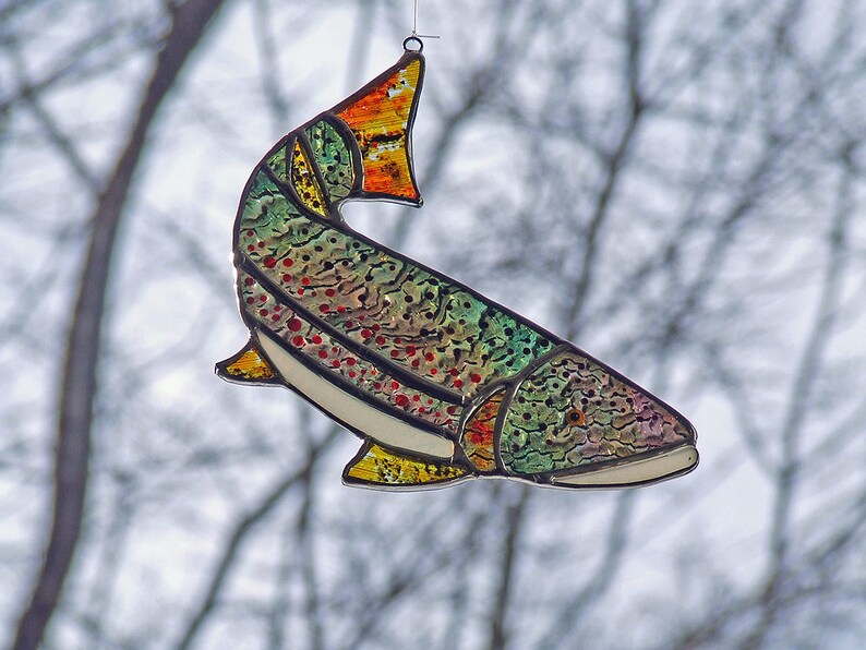Stained Glass Brown Trout Suncatcher Hand Painted Glass Fish Etsy