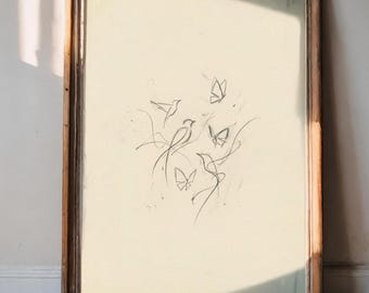 Butterfly & Birds Pencil Drawing Wall Art, Butterfly Line Art Sketch, Light Academia Wall Art, Spring Wall Art, PNG+JPG Printable Wall Art