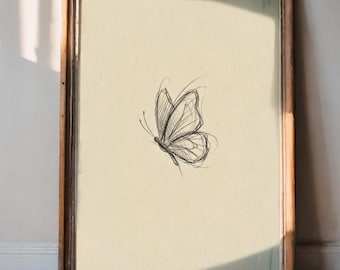 Butterfly Pencil Drawing Art, Minimalist Butterfly Illustration, Light Academia Wall Art, Natural Wall Art, PNG+JPG 8x10 Printable Wall Art