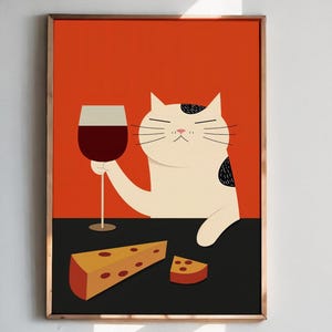 Cat Print, Funny Cat and Wine Print, Minimalist Cat Art Print, Wine and Cat Wall Art, Wine Lover Gift, Cat Lover Gift, Modern Cat Art Print