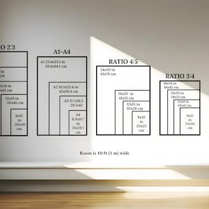 May include: Diagram of various rectangular print sizes, including 24x36 in, 20x30 in, and 16x24 in, with corresponding metric measurements. The image also shows A1-A4 paper sizes and ratios like 4:5 and 3:4. The room is 10 ft wide.