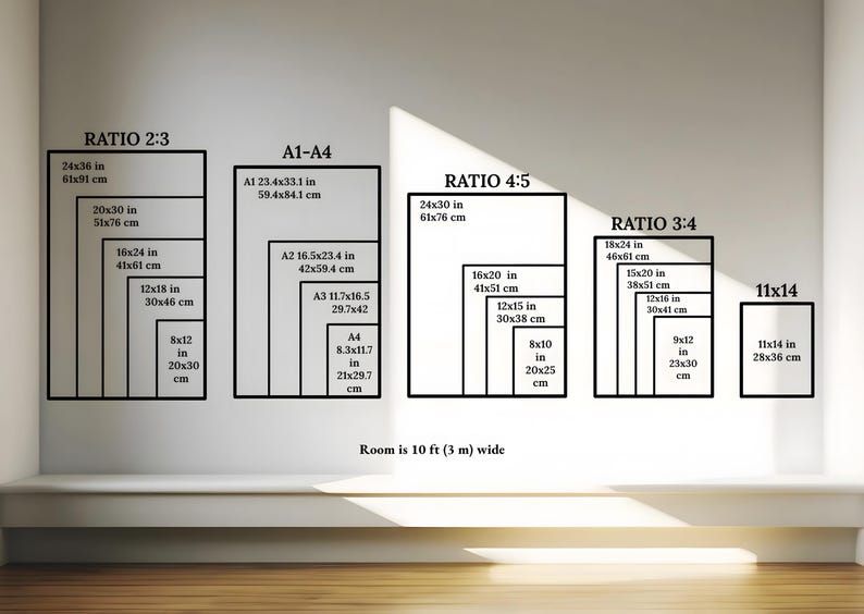 May include: Diagram of various rectangular print sizes, including 24x36 in, 20x30 in, and 16x24 in, with corresponding metric measurements. The image also shows A1-A4 paper sizes and ratios like 4:5 and 3:4. The room is 10 ft wide.