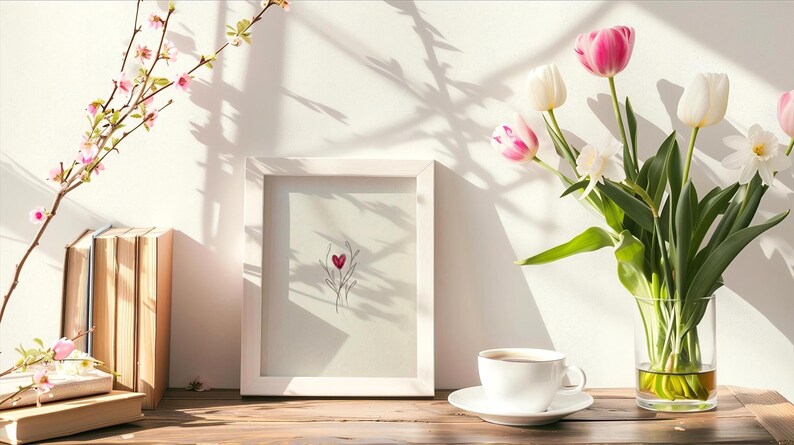 May include: A still life arrangement featuring a framed artwork with a heart design, a cup of coffee, books, and a vase of tulips. The scene is bathed in sunlight, creating shadows on the white wall and wooden surface.