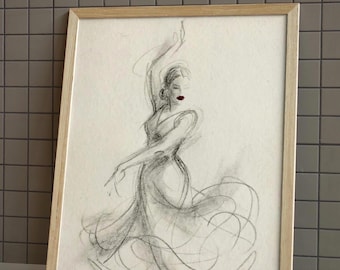 Flamenco Dancer Pencil Drawing Print, Spanish Wall Art, Light Academia Wall Art, Abstract Hand Drawn Art, PNG+JPG 8x10 Printable Wall Art
