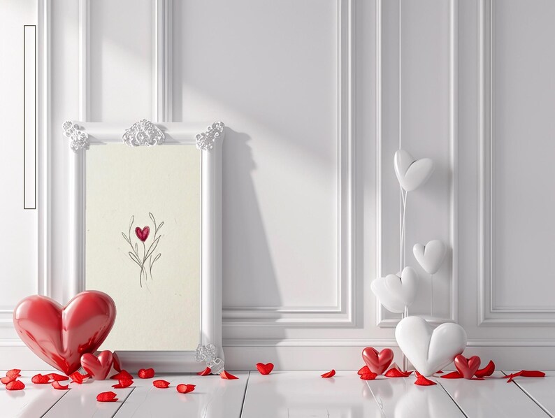 May include: A white framed picture with a heart-shaped floral design, red heart-shaped balloons, and scattered red rose petals. The scene is set against a white wall with decorative molding and a white floor.