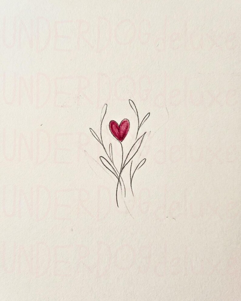May include: A hand-drawn sketch of a heart-shaped flower. The heart is filled with a deep red color, and the stem and leaves are drawn in black. The background is a light beige color.