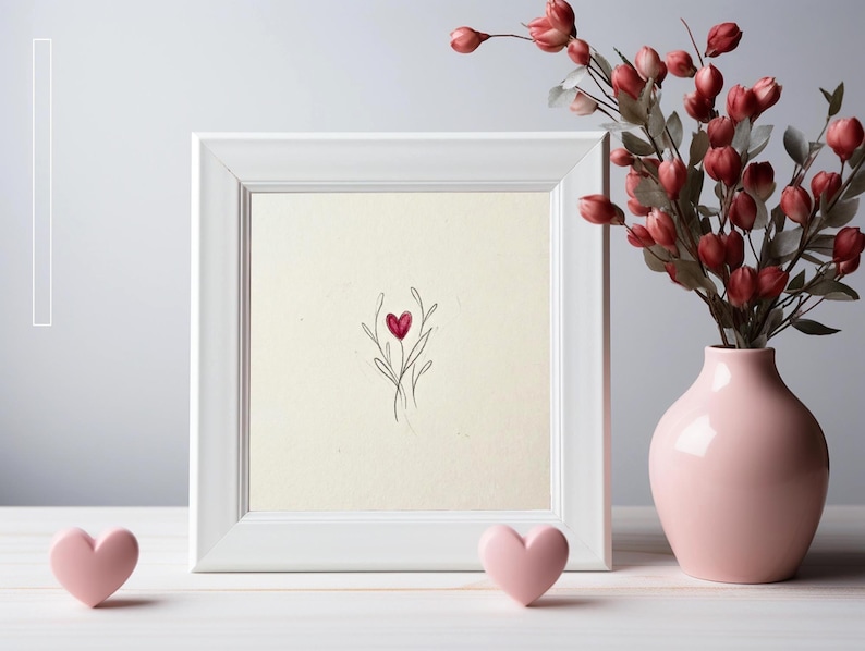 May include: A white framed artwork with a minimalist heart design in red and black. A pink vase with red flowers and two pink heart-shaped decorations are on a white surface, creating a romantic theme.