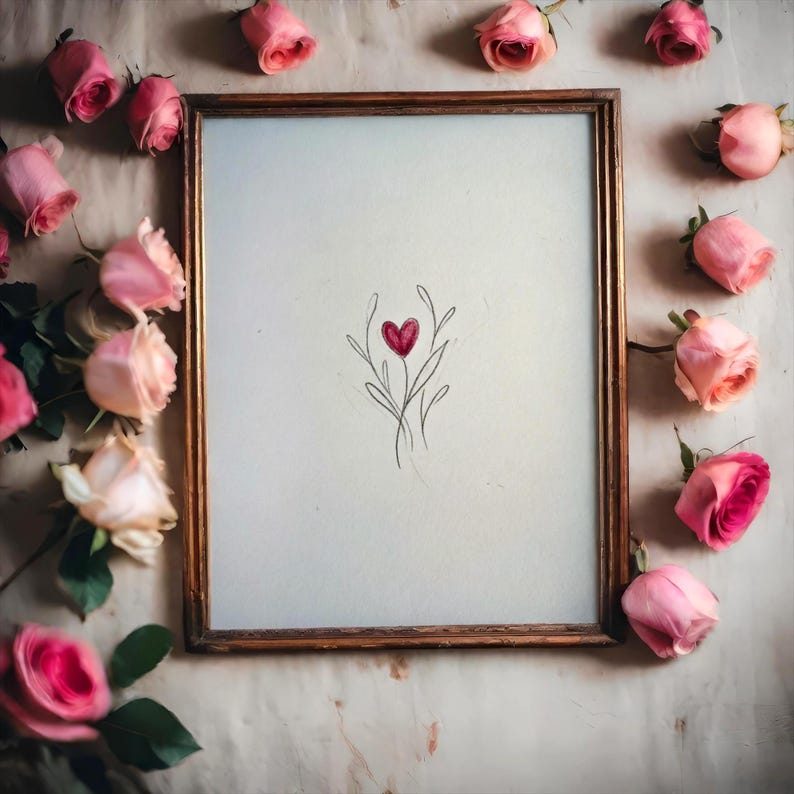 May include: A framed artwork featuring a delicate sketch of a heart-shaped flower in red and gray. The artwork is surrounded by a border of pink roses, creating a romantic and artistic composition. The frame has a warm, brown tone.