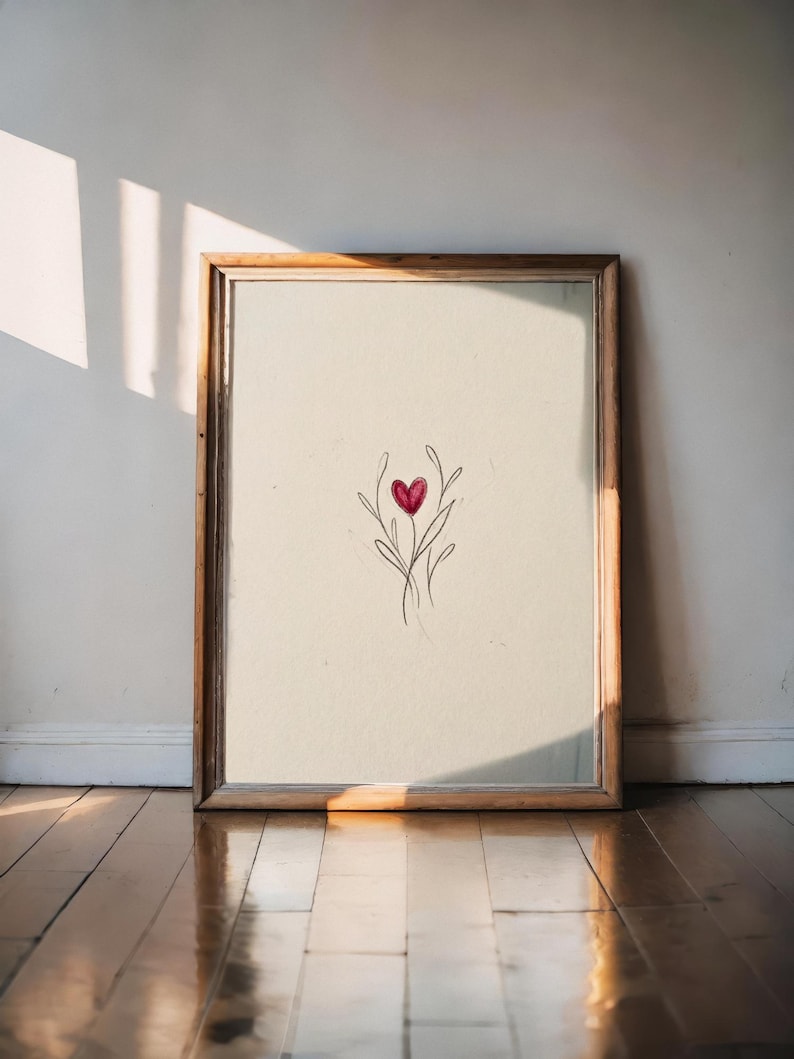 Red Heart Pencil Drawing Art Print, Wedding Heart Decor, Floral Wall Art, Light Academia Wall Art, PNG+JPG 8x10 Printable Wall Art image 1