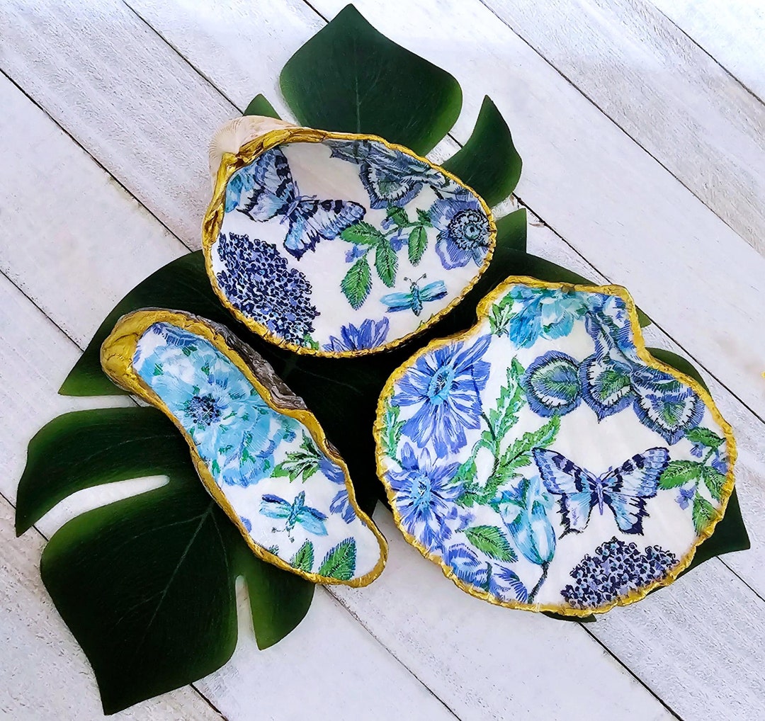 Decoupage Seashell Trinket Dish: Blue Butterfly Floral Coastal Decor - Etsy