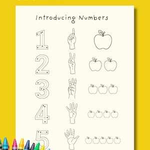 May include: Black and white printable worksheet for preschoolers. The worksheet features the numbers 1 through 5 with dotted lines for tracing. Each number is paired with a corresponding number of apples and a hand showing the number of fingers.