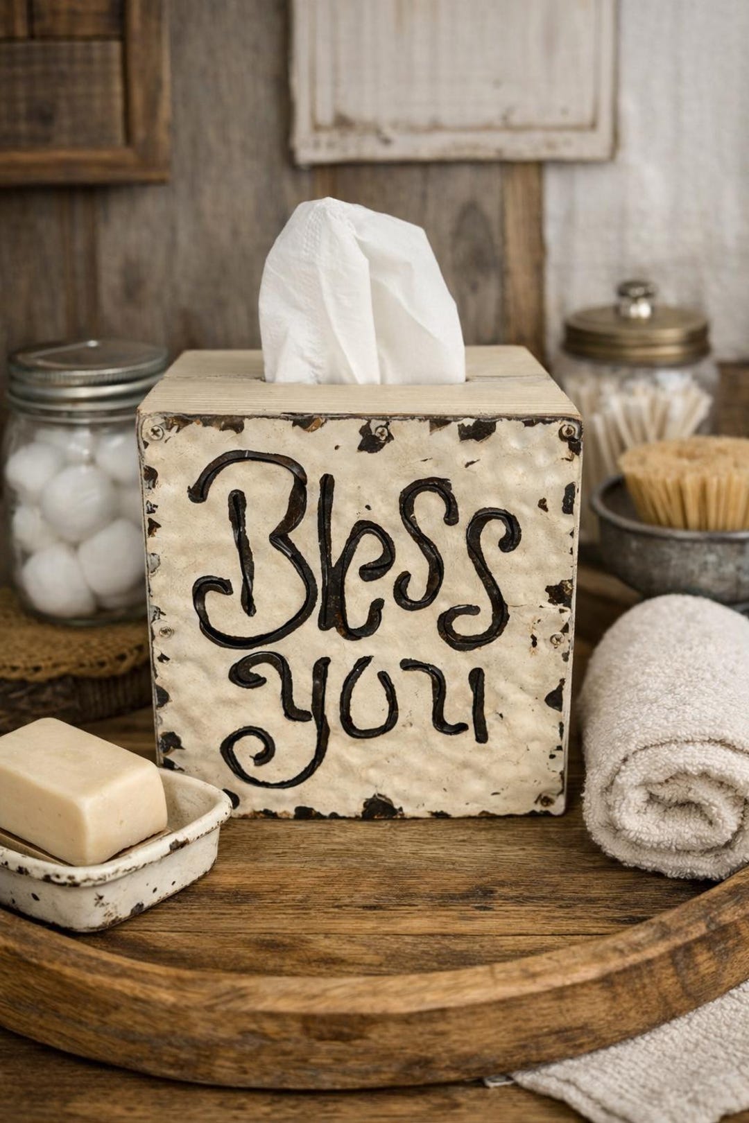 Signed Folk Art Tissue Box Cover – Rustic Wood Metal Farmhouse Decor - Etsy