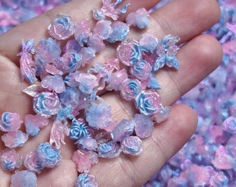 Mixed UV Nail Charms Pink and Blue Luminous Resin Flowers with Leaves for Nail Art DIY Handcraft and More