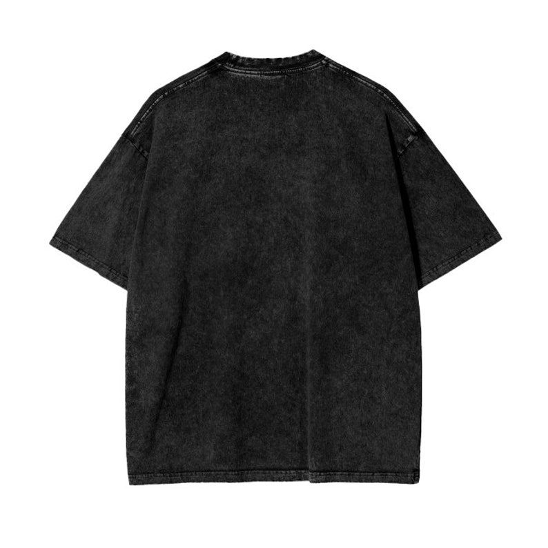 May include: A black short-sleeved t-shirt with a faded, vintage look.