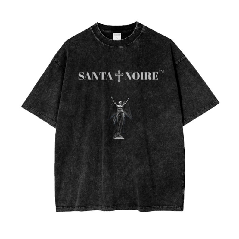 May include: Black t-shirt with a distressed look featuring a white graphic of an angel with wings and the text "SANTA + NOIRE&trade;".