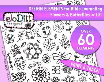 Hand Drawn Flower Clipart, Flowers, Butterflies, Doodle Clipart, Design Elements for Bible Journaling, Floral Clipart