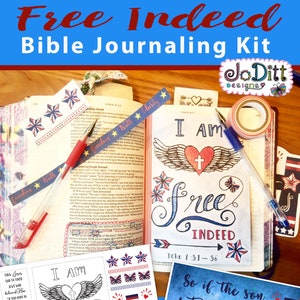 May include: A Bible journaling kit featuring stickers, washi tape, and pens. The kit includes stickers with crosses, stars, and butterflies. The text "Free Indeed" and "I AM free" are visible. Designed for creative Bible study.