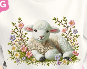 Cute Easter Lamb PNG Faux Embroidery Sublimation Design Spring Flowers Christian Tshirt Design Clipart Faith DTF Transfer Jesus Shirt