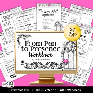 May include: A collection of printable workbooks and guides for Bible lettering. The main workbook, titled "From Pen to Presence," is displayed on a gold-colored monitor. Additional pages show lettering examples and tips. The image includes the text "Printable PDF | Bible Lettering Guide + Workbook."