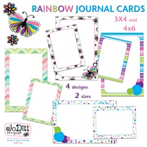 May include: Four printable designs for journal cards in two sizes, 3x4 and 4x6 inches. The designs feature colorful butterflies, polka dots, stripes, and chevron patterns.
