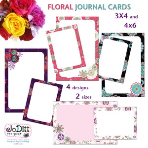 Puede incluir: Cuatro diseños de tarjetas de diario floral en dos tamaños, 3x4 pulgadas y 4x6 pulgadas. Las tarjetas presentan un patrón floral rosa, morado y negro.
