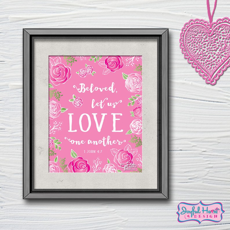 Love Scripture art printable Let us love one another 1 John 4 Bible Verse wall art hand drawn pink roses Scripture printable wedding gift image 2