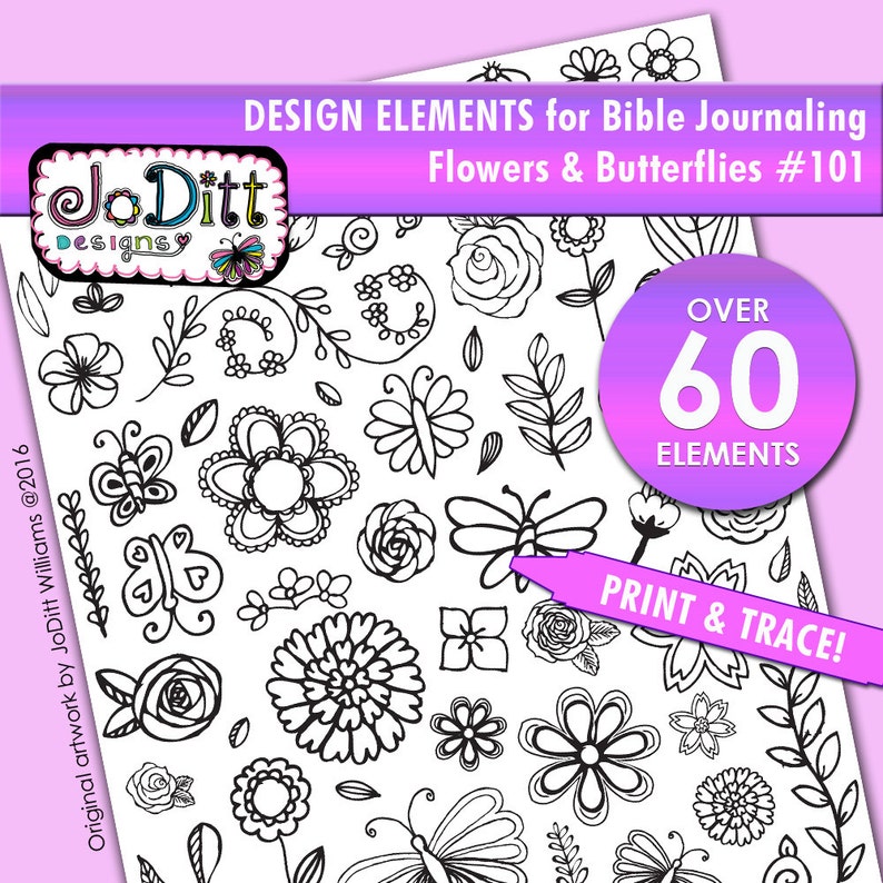 Puede incluir: Ilustraciones en blanco y negro de flores y mariposas. M&aacute;s de 60 elementos para el diario de la Biblia, para imprimir y trazar.