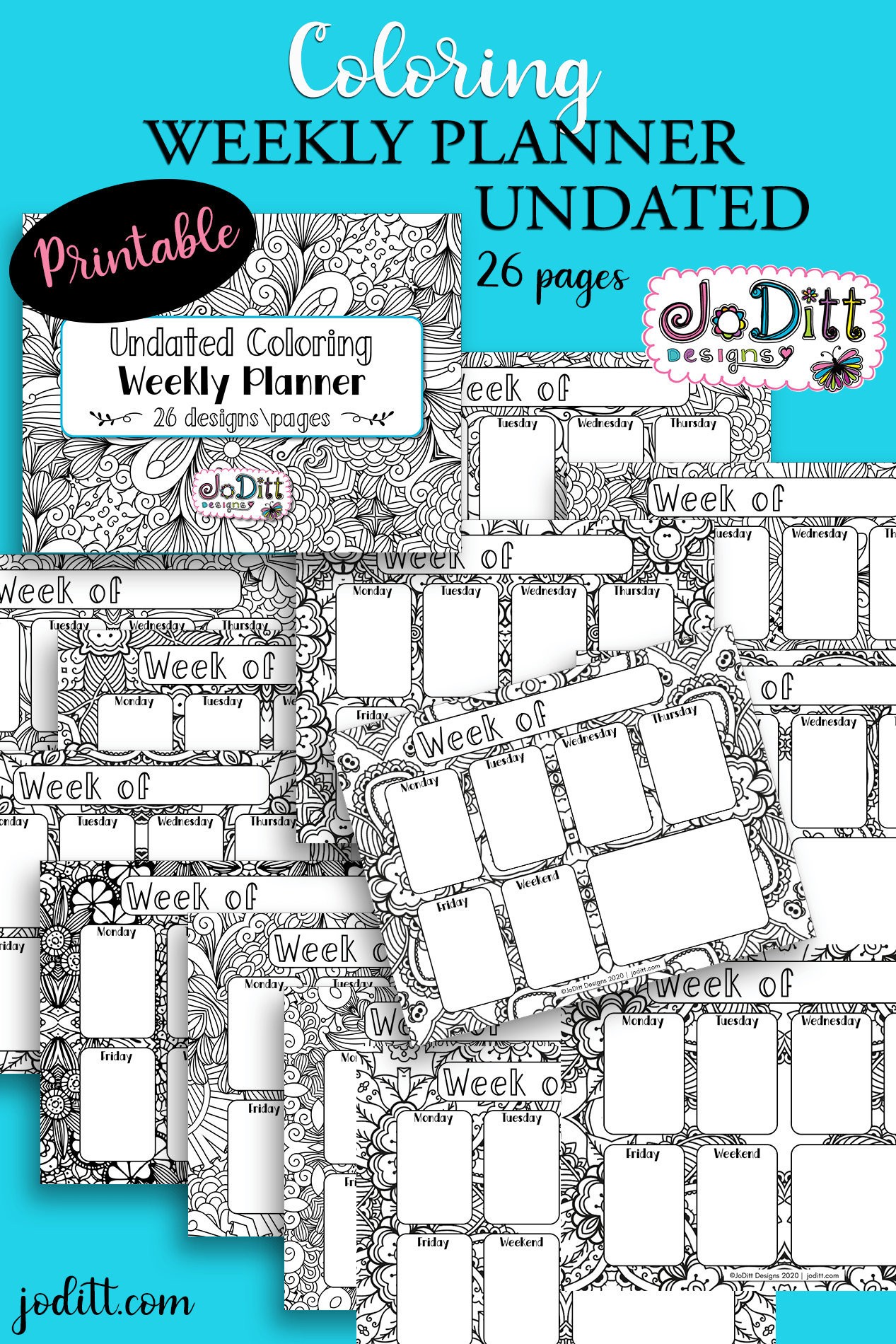 Undated Weekly Planner Printable Coloring Calendar 26 Etsy