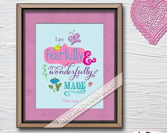 Fearfully and Wonderfully Made, Psalms 139, Girl Nursery Decor, Bible Verse Wall Art, Nursery Prints, Printable Wall Art, Scripture Wall Art