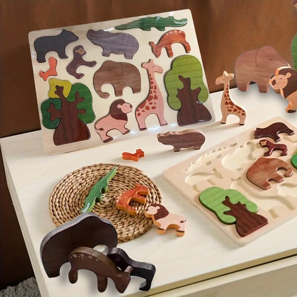 Puzzle incrusté d'animaux en bois pour enfants, jeu éducatif pour enfants, jeux de famille en bois, puzzles pour tout-petits, cadeaux Montessori