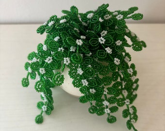 Handmade artificial flowers| green french beaded flowers fern, white vase,handmade,home decor. Mothers Day,anniversary, floral gift