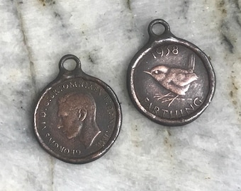 English farthing coin reproduction pewter pendant artisan original jewelry components charm antique rusty brown copper 1 pc (rb1)
