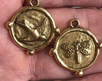 Artisan original pewter bird dragonfly pendant sparrow double sided jewelry components bracelet supplies nature antique gold 1 pc