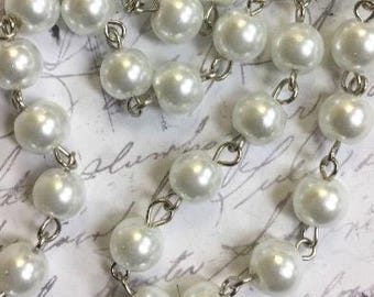 1 Meter 39.5" Linked Beaded Chain off white Pearl platinum silver chain wire 8mm glass pearl beads Rosary style chain Beading component #33