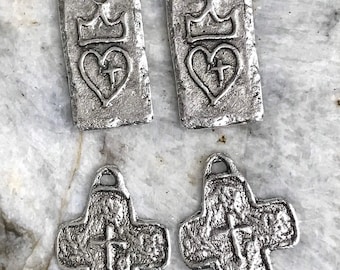 Artisan original design pewter crown heart cross charm pendant antique silver jewelry religious components supplies  2 pcs