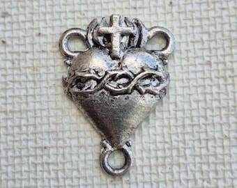 Milagros heart ex voto flaming heart rosary 3 way centerpiece pewter pendant catholic medal religious supply antique silver 1 pc (S01)