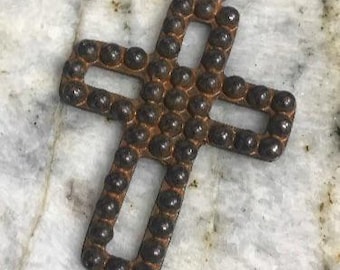 Dotted Pewter Cross Religious Pendant Altered Art Supplies Jewelry Antique Rusty Brown 1 pc (RB4)