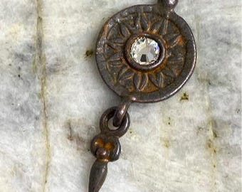 Pewter Flower Sun connector drop Pendant Swarvoski Crystal Sun Goddess Drop Supplies Jewelry antique rusty brown finish 1 pc (RB5)