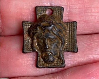 Jesus Pendant Face of Jesus Cross Art supplies Jewelry Catholic Religion Components link Antique Rusty Brown 1 pc (RB9)