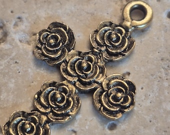 Rose cross pendant altered art supplies jewelry flame antique gold 1 pc (G08)