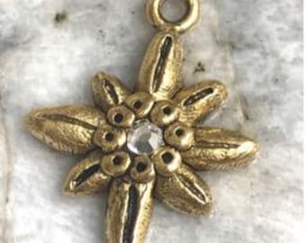 Flower Charm Pewter Rustic Flower Pendant Swarovski Crystal Altered Art Supplies Jewelry components antique gold 1 pc