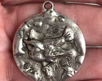 Rustic pewter bird on limb pendant charm artisan original design made in the usa antique silver 1 pc.