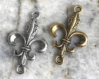 Pingente de flor-de-lis com conector de 2 peças, pingente de cruz, artigos religiosos, joias, estanho, Nova Orleans, elo, prata antiga ou ouro S06&G07