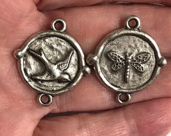 Artisan original pewter bird dragonfly connector link pendant sparrow double sided jewelry components nature antique silver 1 pc