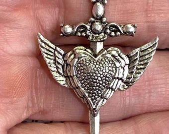 Heart dagger angel wings pendant Milagros charm made in the USA antique silver 1 pc.