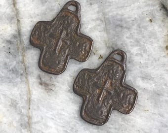 Artisan original design pewter cross charm pendant jewelry components earring supplies antique rustybrown 2 pcs (rb1)