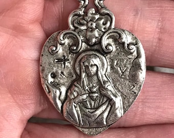 Immaculate heart of mary pewter pendant filigree religious jewelry artisan original component supplies supply antique silver 1 pc