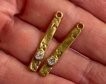 Stick Hammered Crystal Bezel Rectangle Pendant Charm earring components charm Preciosa Antique gold 2 pcs (N2)