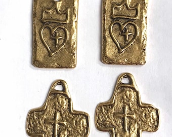 Pewter crown heart cross charm pendant antique gold artisan original jewelry religious components earring supplies  2 pcs